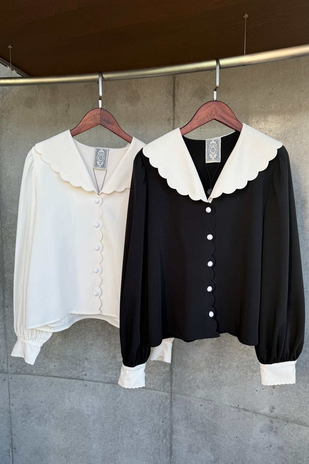 《おまけ付きのシリアル》スカラップデザインビッグカラーブラウス-Black
