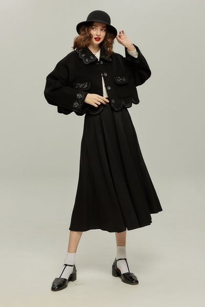 《蝶々になってしまった》スカラップデザインコート-Black