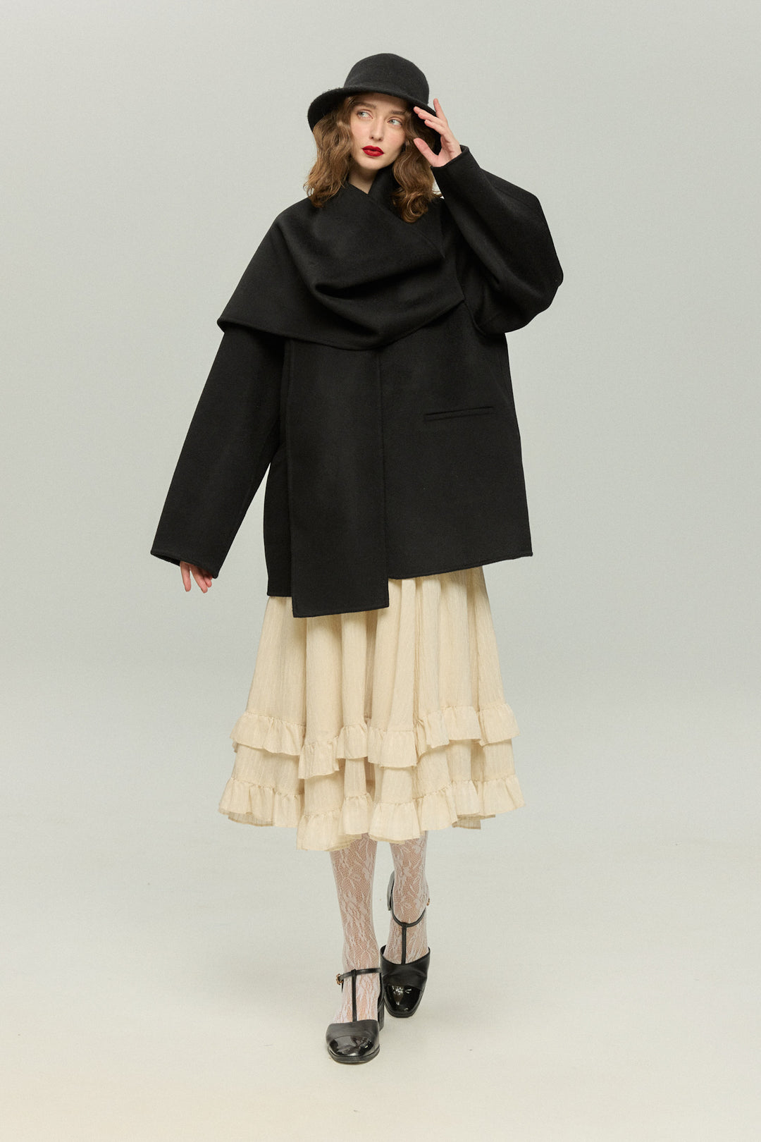 《クリスマスツリーのサイズはどれにする？》ストール風カラーデザインアウター-Black