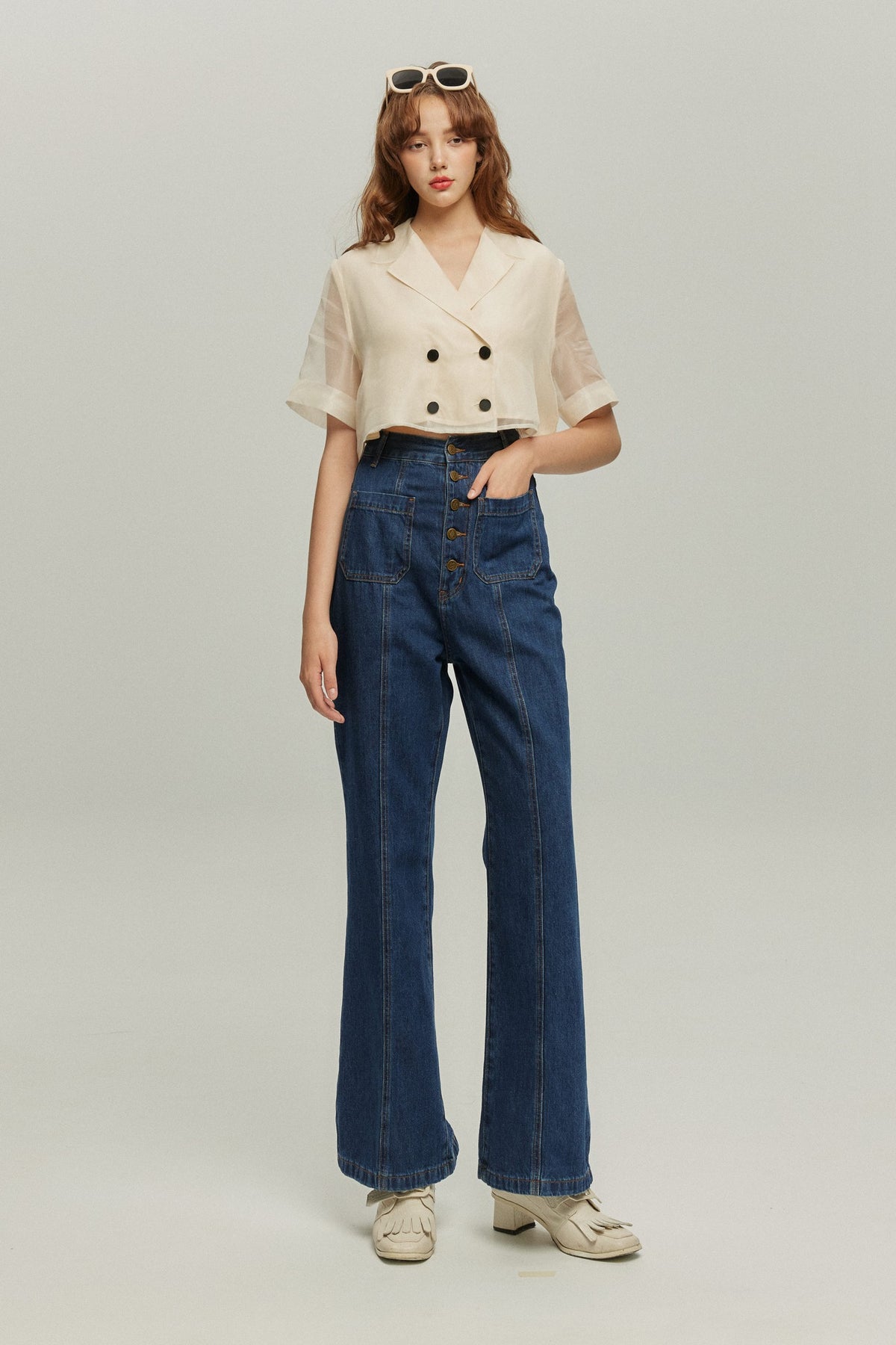 《Annie singing while taking a bath》 Front button high waist denim pants - Navy