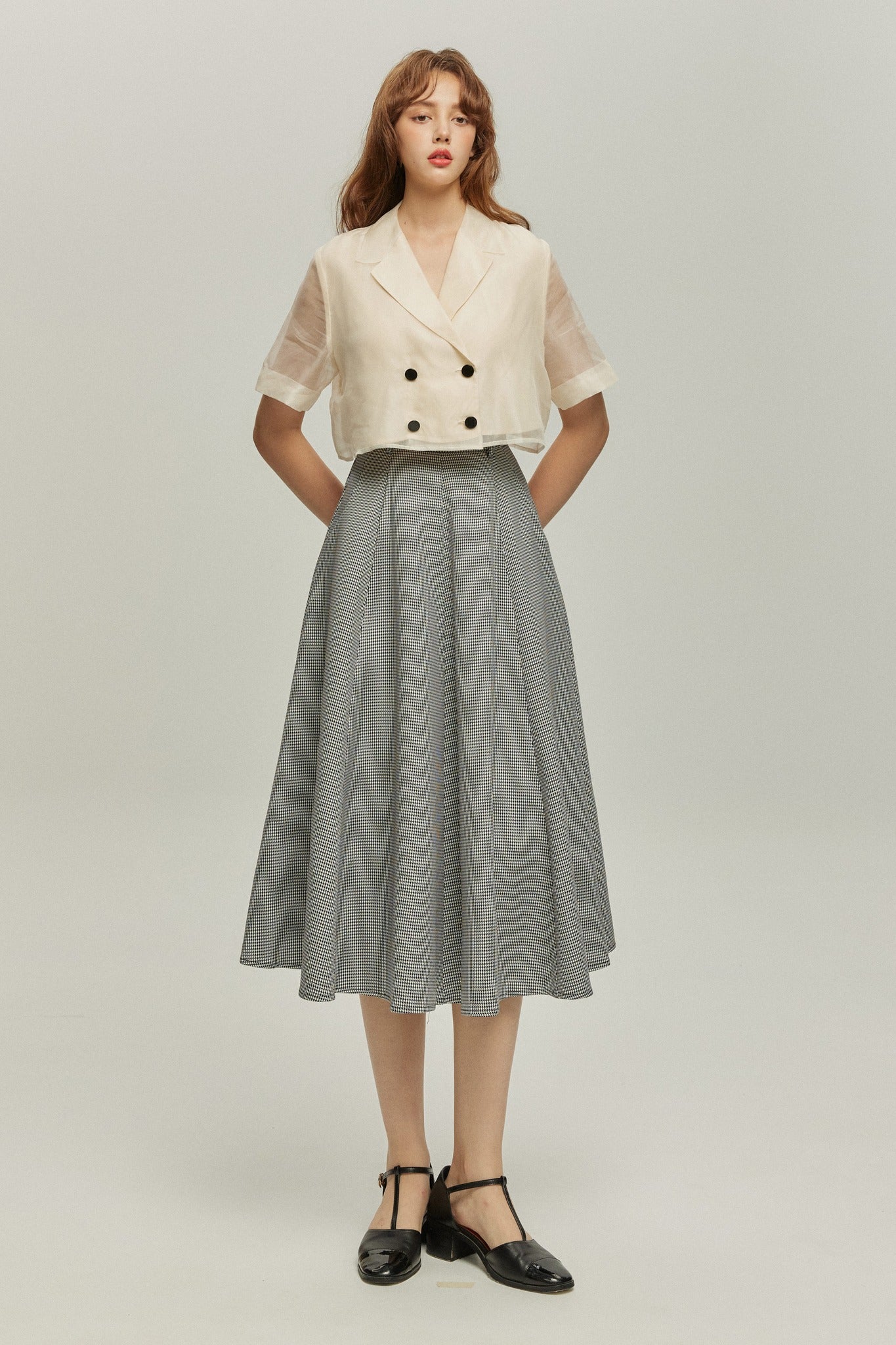 《つい一口食べちゃいました》ハイウエストサーキュラースカート-Houndstooth check
