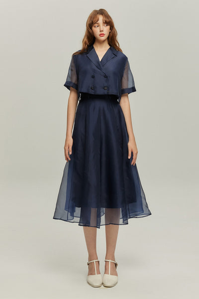 《上の階に俳優が住んでいる》フレアロングシルクスカート-Navy