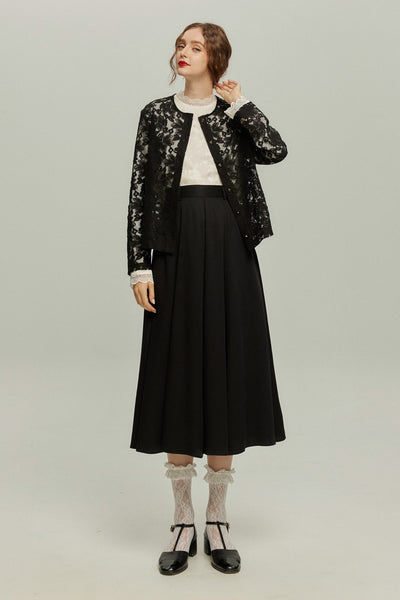《午後には陶芸教室がある》フラワーレースシースルートップス-Black