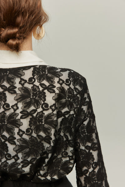 《午後には陶芸教室がある》フラワーレースシースルートップス-Black