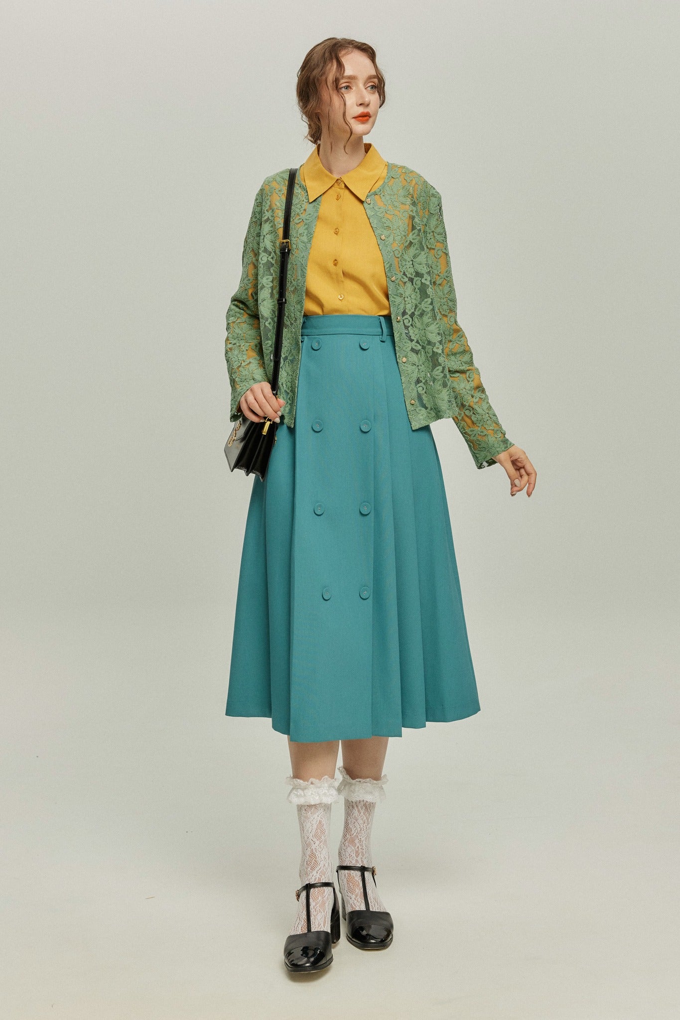 《午後には陶芸教室がある》フラワーレースシースルートップス-Green