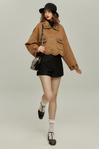 《蝶々になってしまった》スカラップデザインコート-Brown