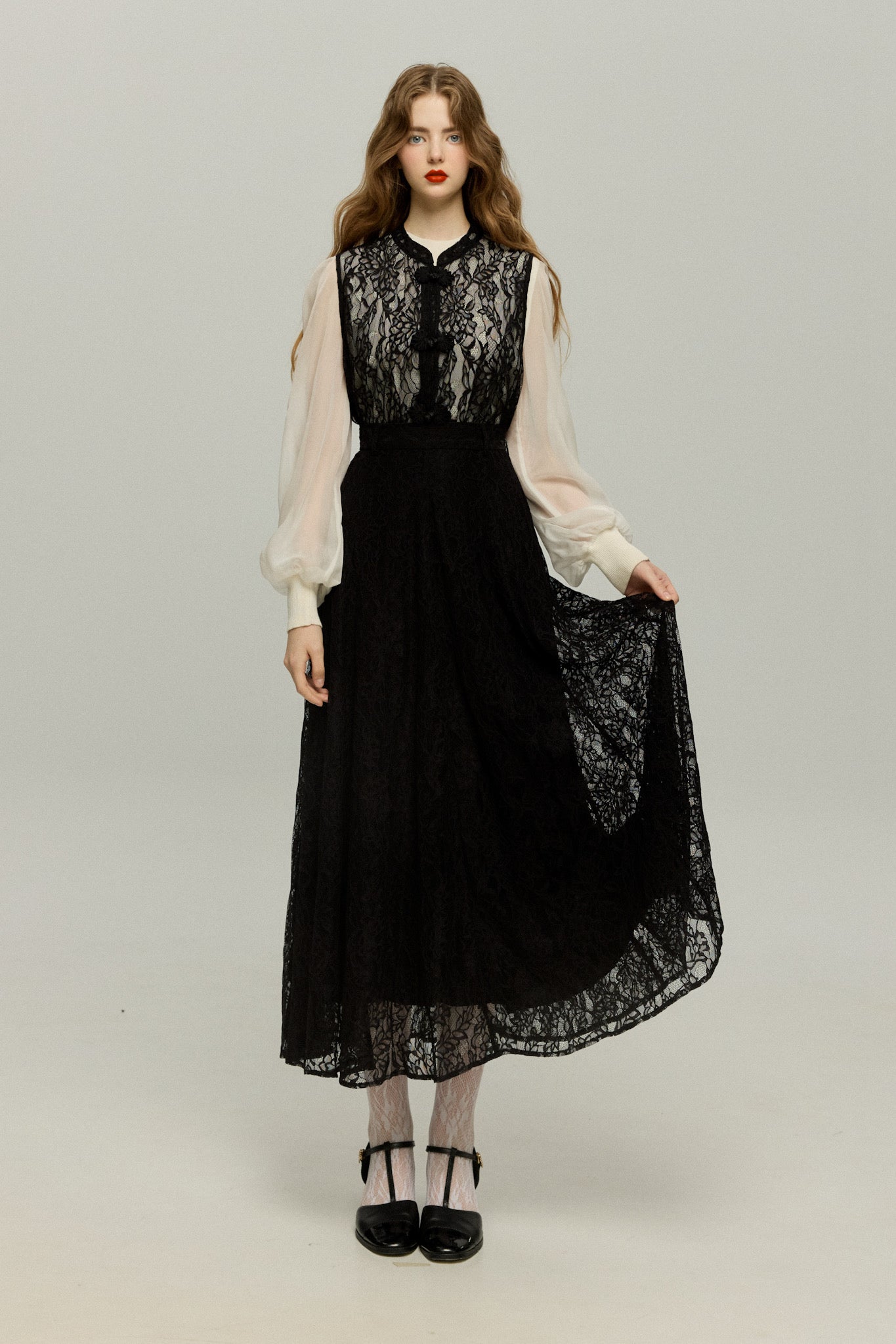 100年も前からある》チャイナバックルスリーブレストップス-Black