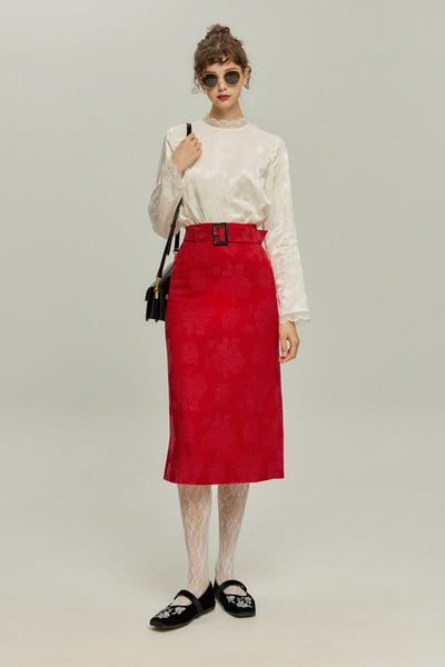 <tc>《샴페인을 열었다면 끝까지 마셔요》 시누아즈리 패턴 플라워 레이스 헴 스커트-Red</tc>