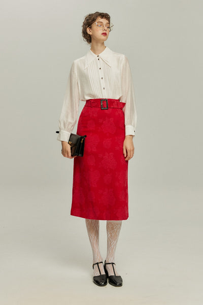 <tc>《샴페인을 열었다면 끝까지 마셔요》 시누아즈리 패턴 플라워 레이스 헴 스커트-Red</tc>