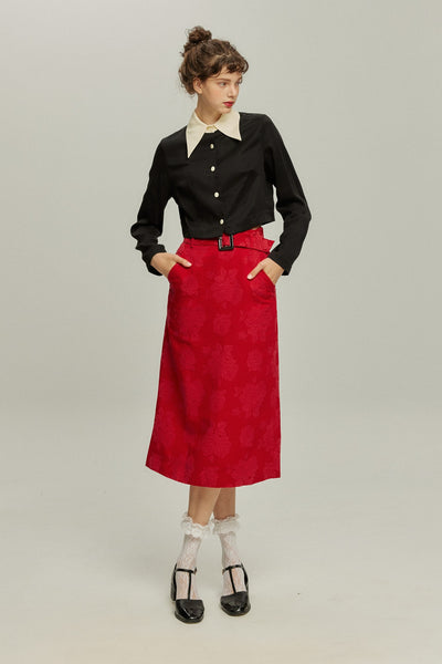 <tc>《샴페인을 열었다면 끝까지 마셔요》 시누아즈리 패턴 플라워 레이스 헴 스커트-Red</tc>