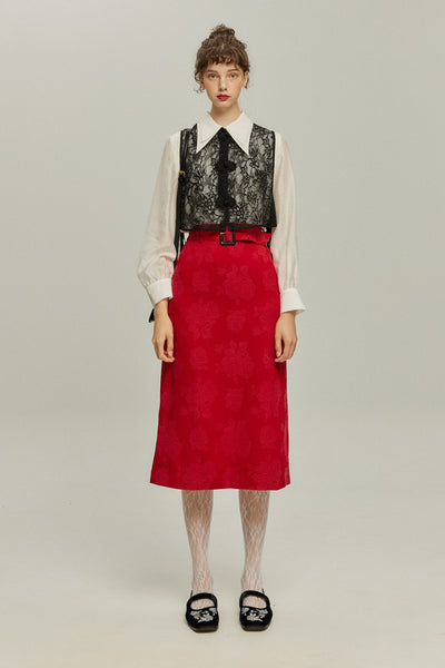 <tc>《샴페인을 열었다면 끝까지 마셔요》 시누아즈리 패턴 플라워 레이스 헴 스커트-Red</tc>