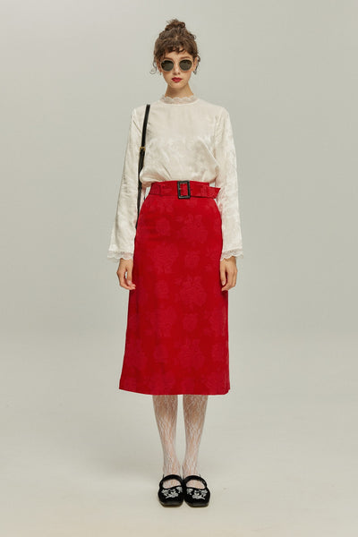 <tc>《샴페인을 열었다면 끝까지 마셔요》 시누아즈리 패턴 플라워 레이스 헴 스커트-Red</tc>