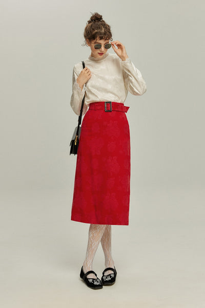 <tc>《샴페인을 열었다면 끝까지 마셔요》 시누아즈리 패턴 플라워 레이스 헴 스커트-Red</tc>