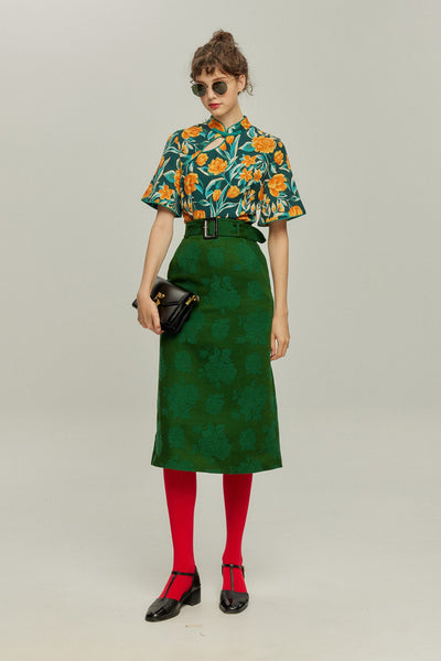 <tc>《샴페인을 열었다면 끝까지 마셔요》 시누아즈리 패턴 플라워 레이스 헴 스커트-Green</tc>