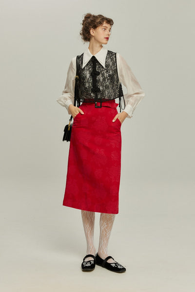 <tc>《샴페인을 열었다면 끝까지 마셔요》 시누아즈리 패턴 플라워 레이스 헴 스커트-Red</tc>