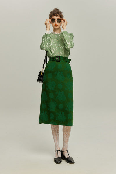 <tc>《샴페인을 열었다면 끝까지 마셔요》 시누아즈리 패턴 플라워 레이스 헴 스커트-Green</tc>
