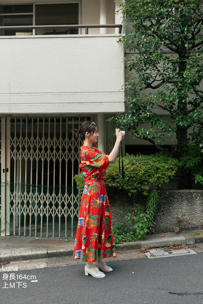 《今日はサーフィン日和》トロピカルデザインフレアロングスカート-Red