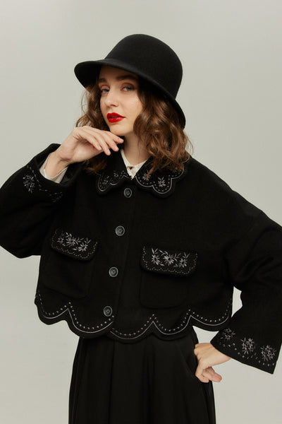 《蝶々になってしまった》スカラップデザインコート-Black