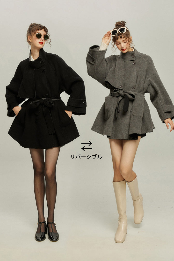 《Are you eating frozen food again? 》2way collar wool blend coat-Gray