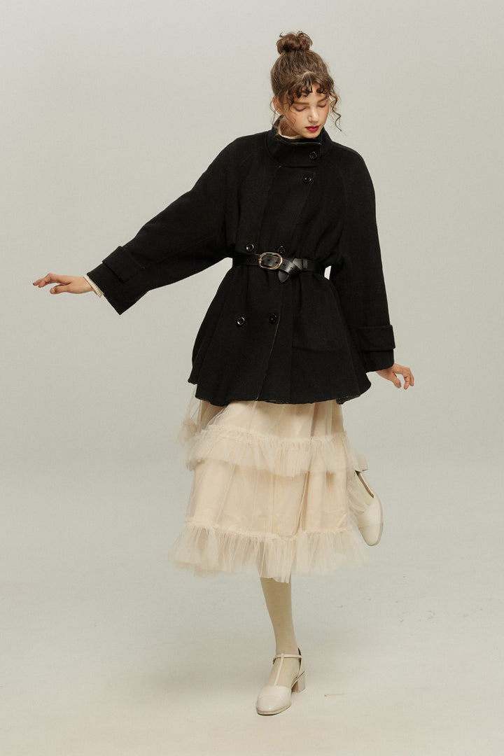 《Are you eating frozen food again? 》2way collar wool blend coat-Gray