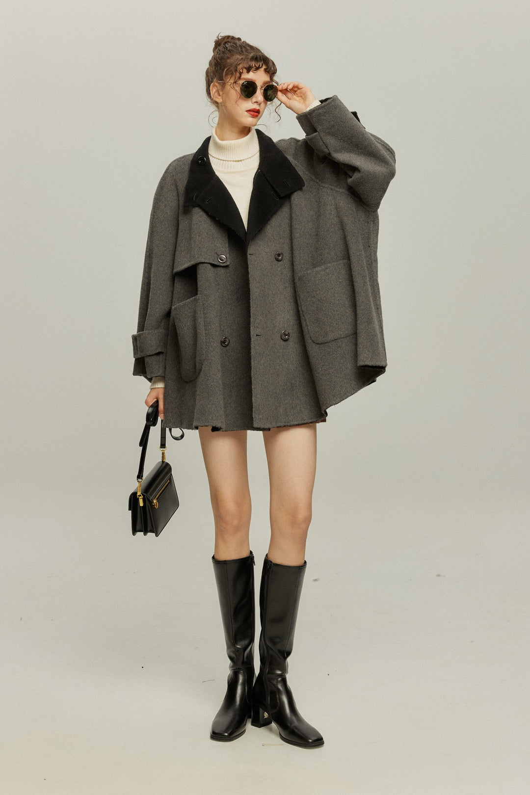 《Are you eating frozen food again? 》2way collar wool blend coat-Gray