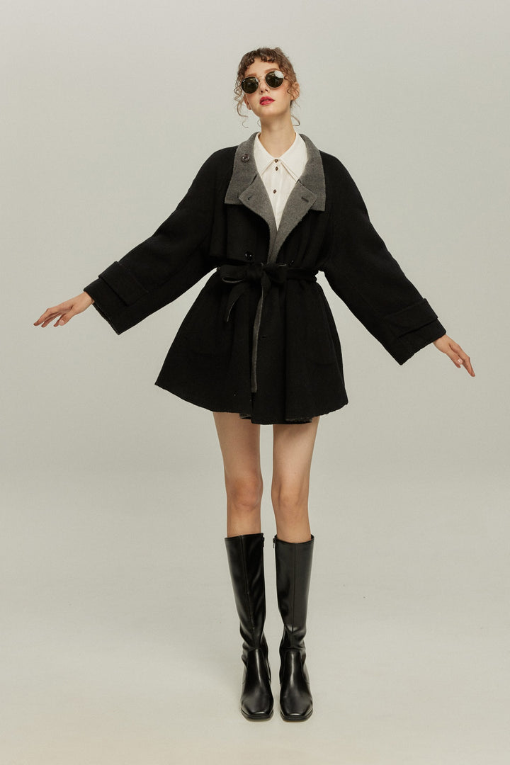 《Are you eating frozen food again? 》2way collar wool blend coat-Gray