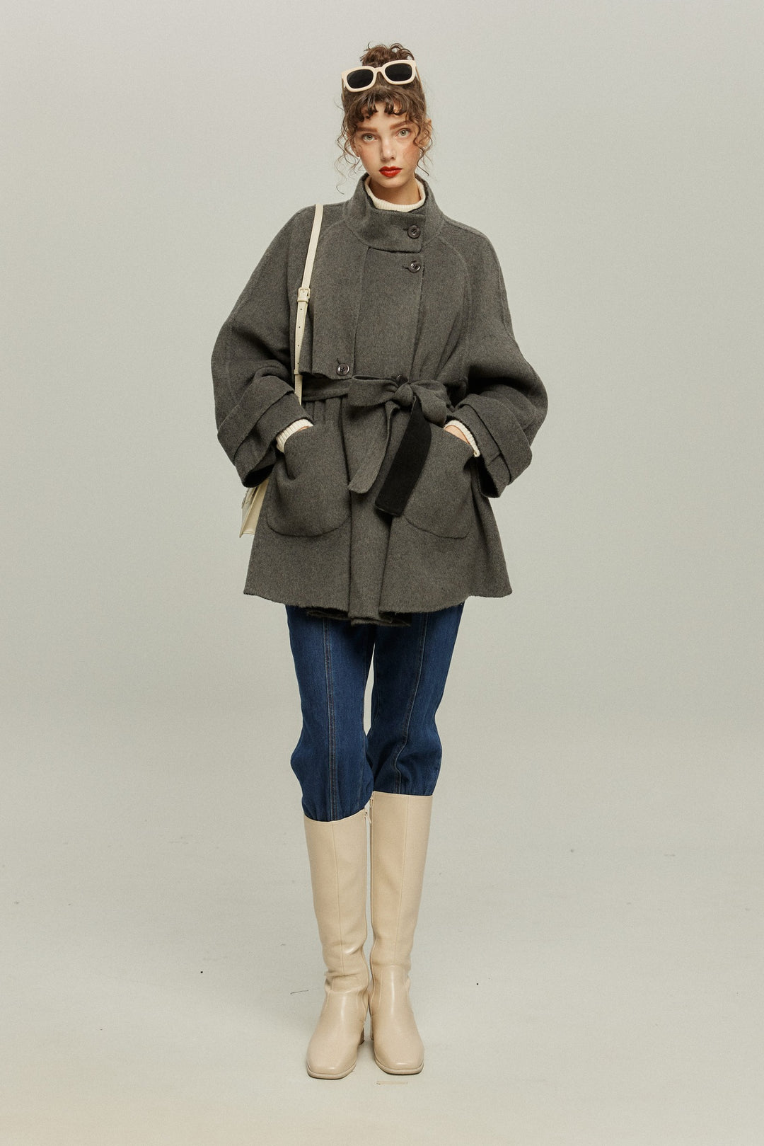 《Are you eating frozen food again? 》2way collar wool blend coat-Gray