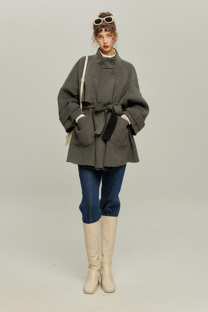 《Are you eating frozen food again? 》2way collar wool blend coat-Gray