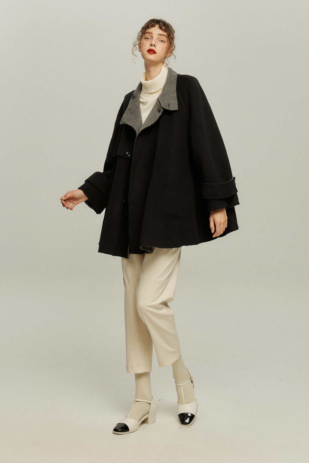 《Are you eating frozen food again? 》2way collar wool blend coat-Gray