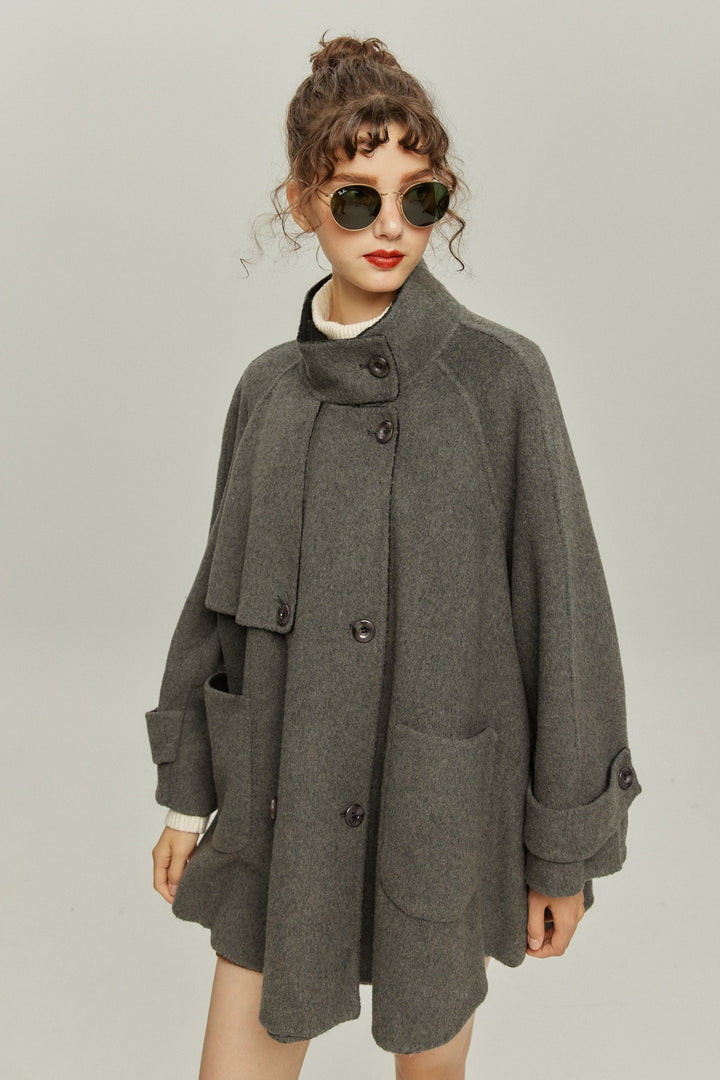 《Are you eating frozen food again? 》2way collar wool blend coat-Gray