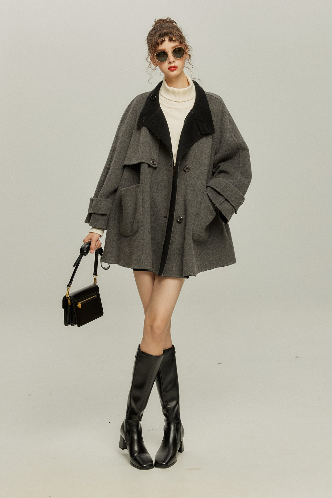 《Are you eating frozen food again? 》2way collar wool blend coat-Gray