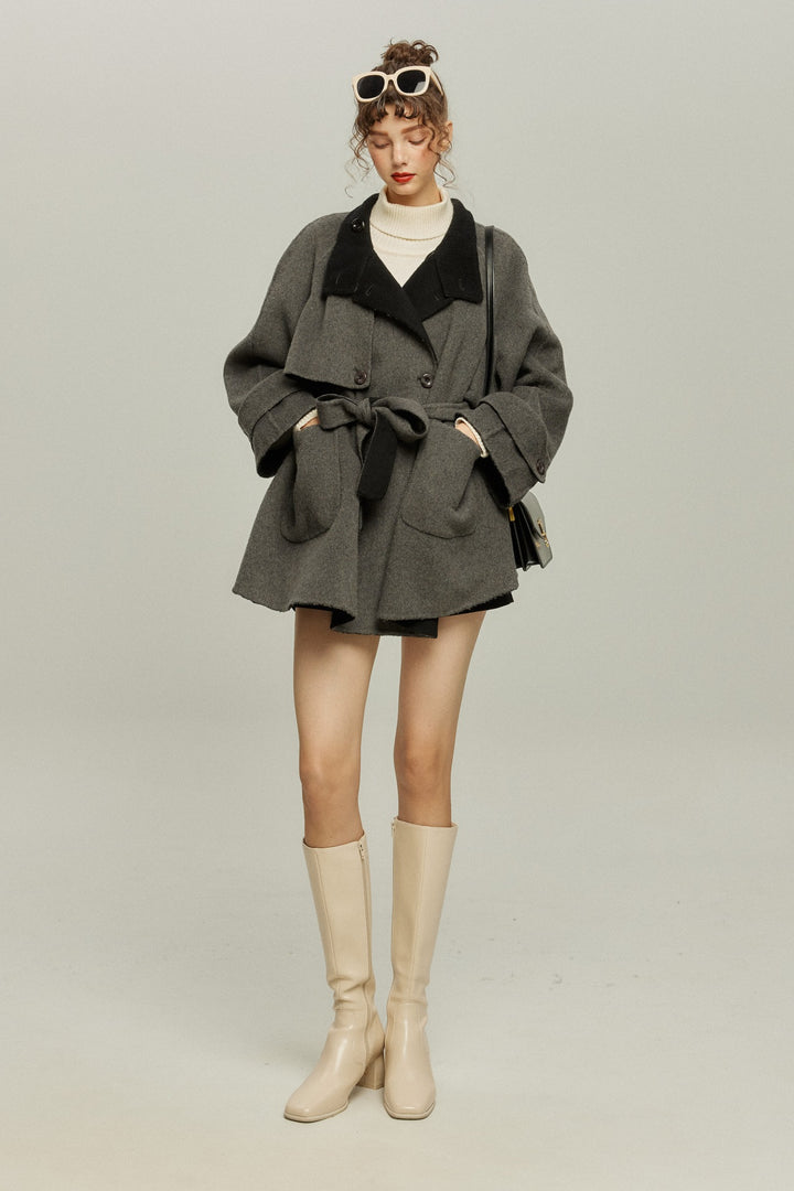 《Are you eating frozen food again? 》2way collar wool blend coat-Gray