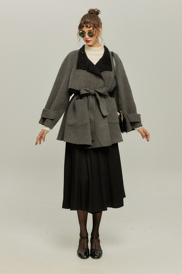 《Are you eating frozen food again? 》2way collar wool blend coat-Gray