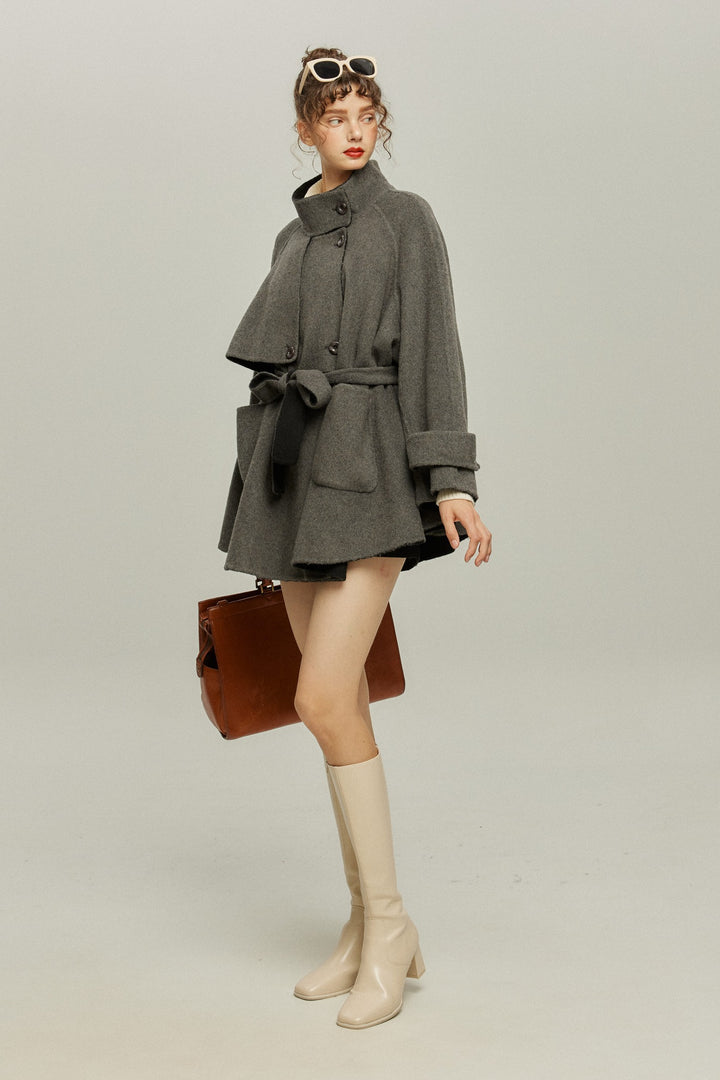 《Are you eating frozen food again? 》2way collar wool blend coat-Gray