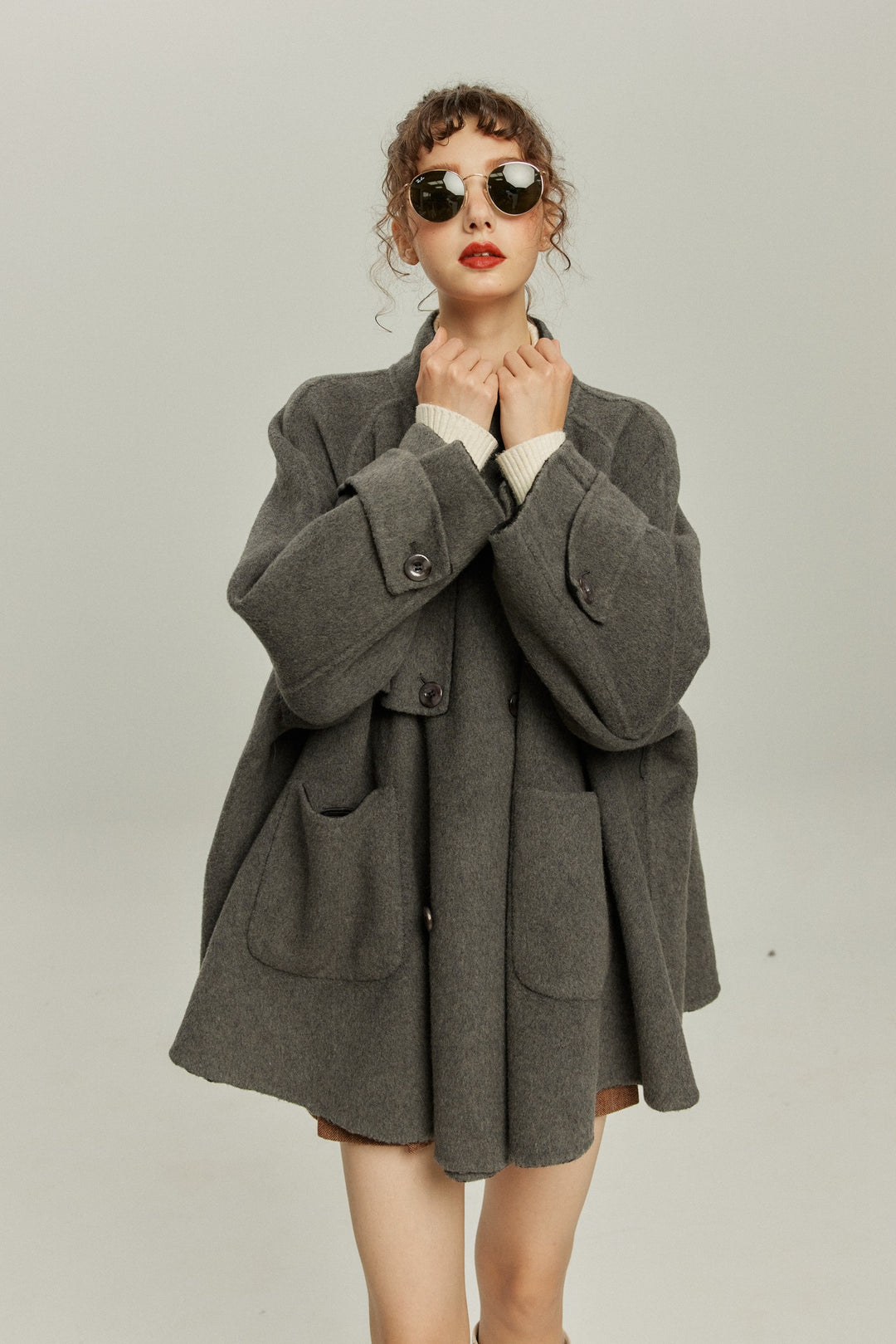 《Are you eating frozen food again? 》2way collar wool blend coat-Gray