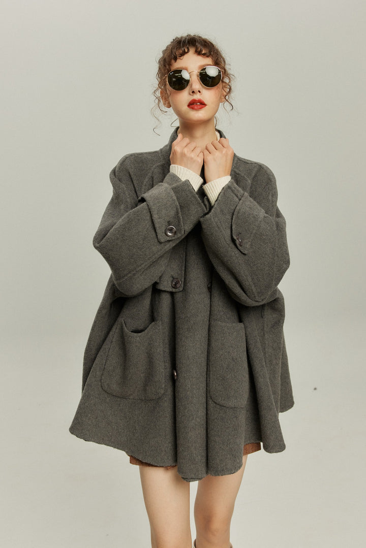《Are you eating frozen food again? 》2way collar wool blend coat-Gray