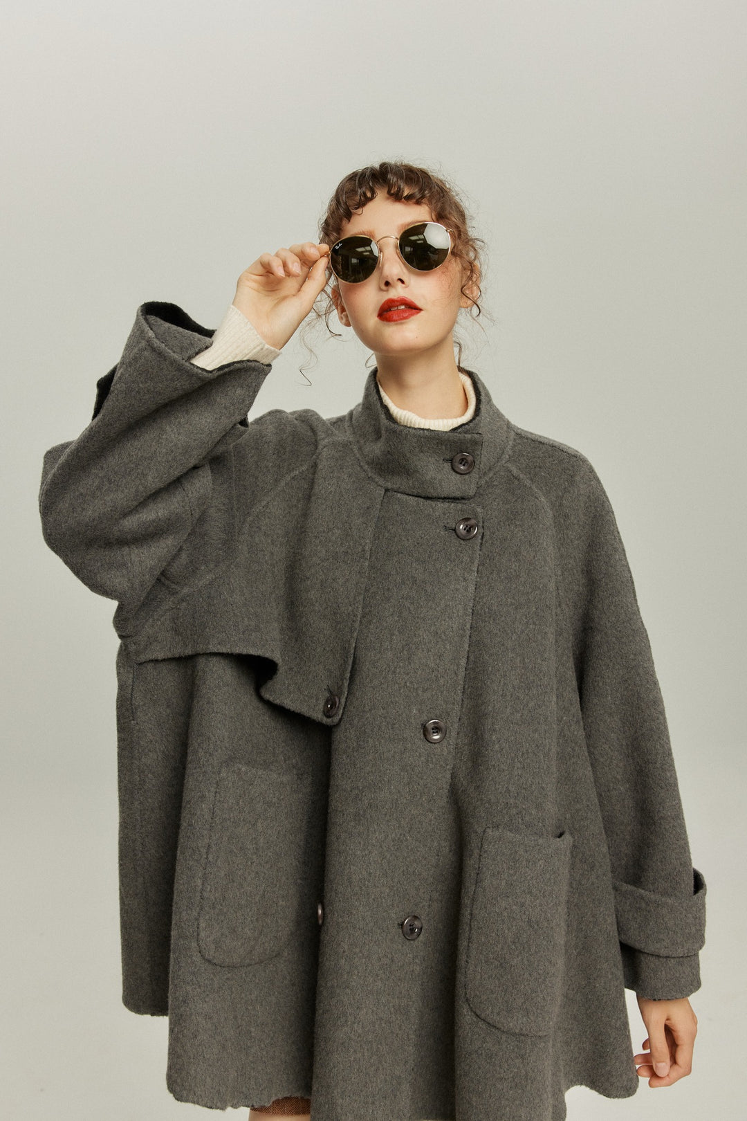 《Are you eating frozen food again? 》2way collar wool blend coat-Gray