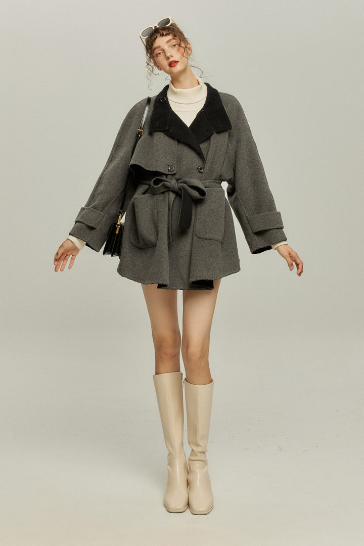 《Are you eating frozen food again? 》2way collar wool blend coat-Gray