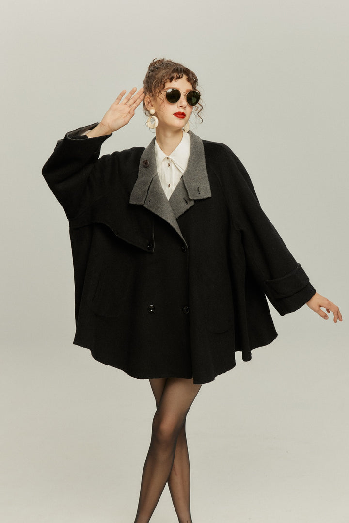 《Are you eating frozen food again? 》2way collar wool blend coat-Gray
