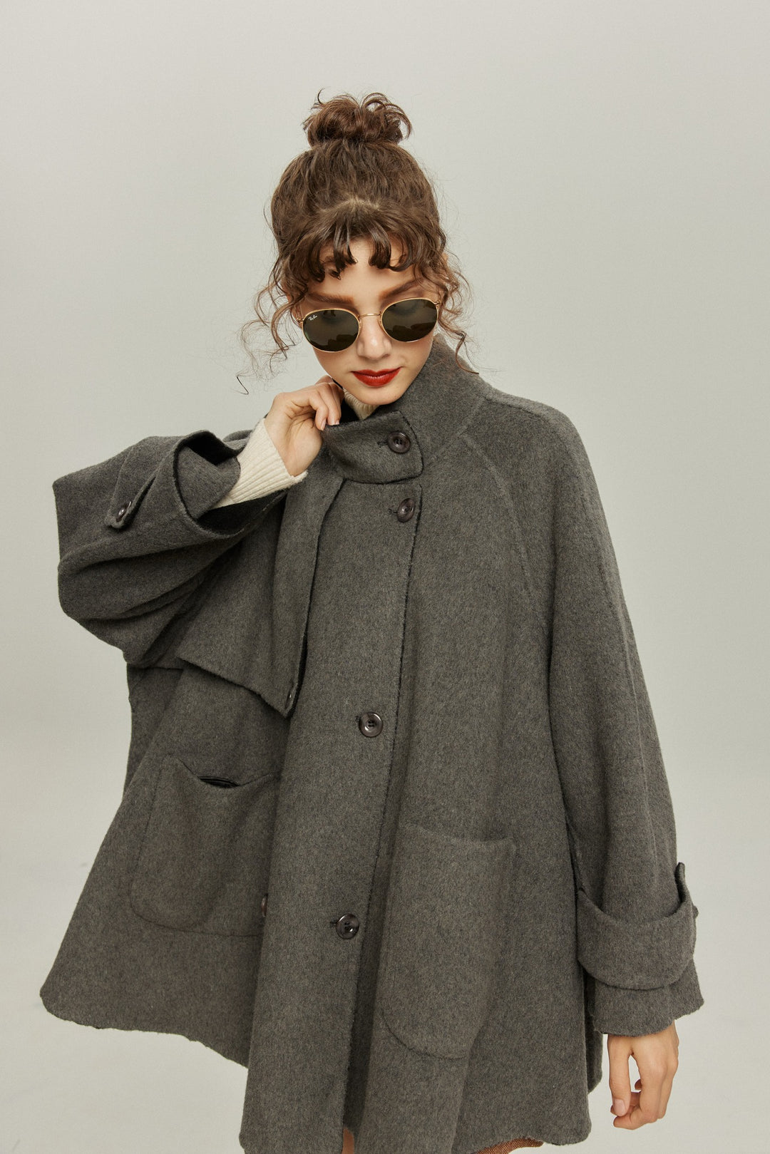 《Are you eating frozen food again? 》2way collar wool blend coat-Gray