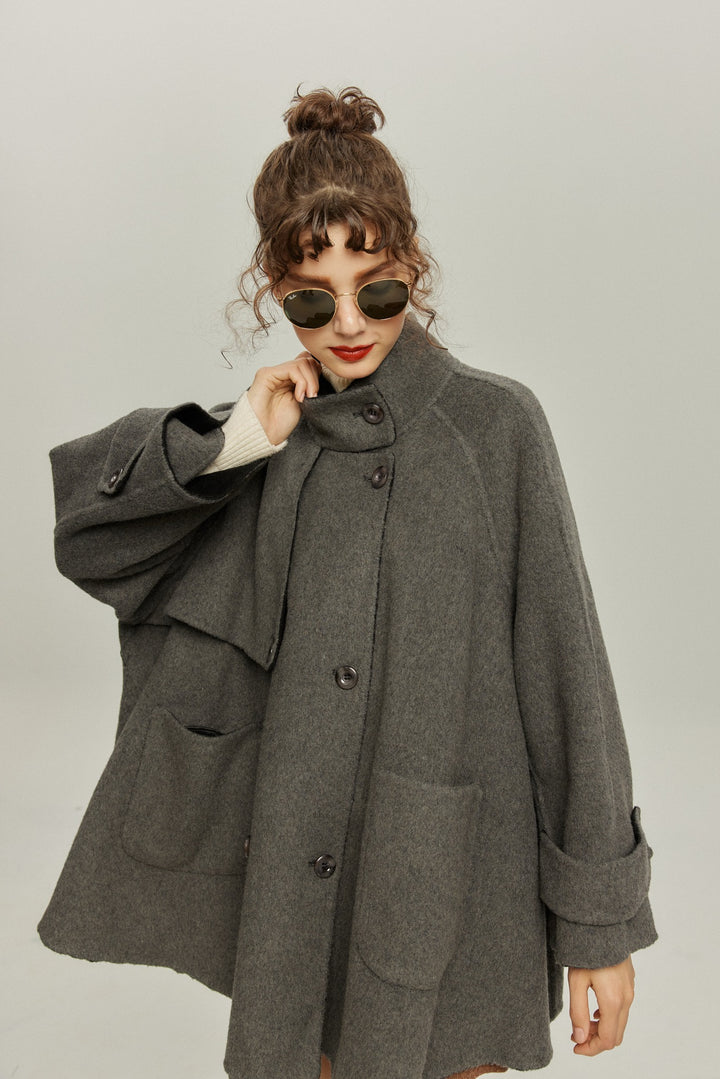 《Are you eating frozen food again? 》2way collar wool blend coat-Gray
