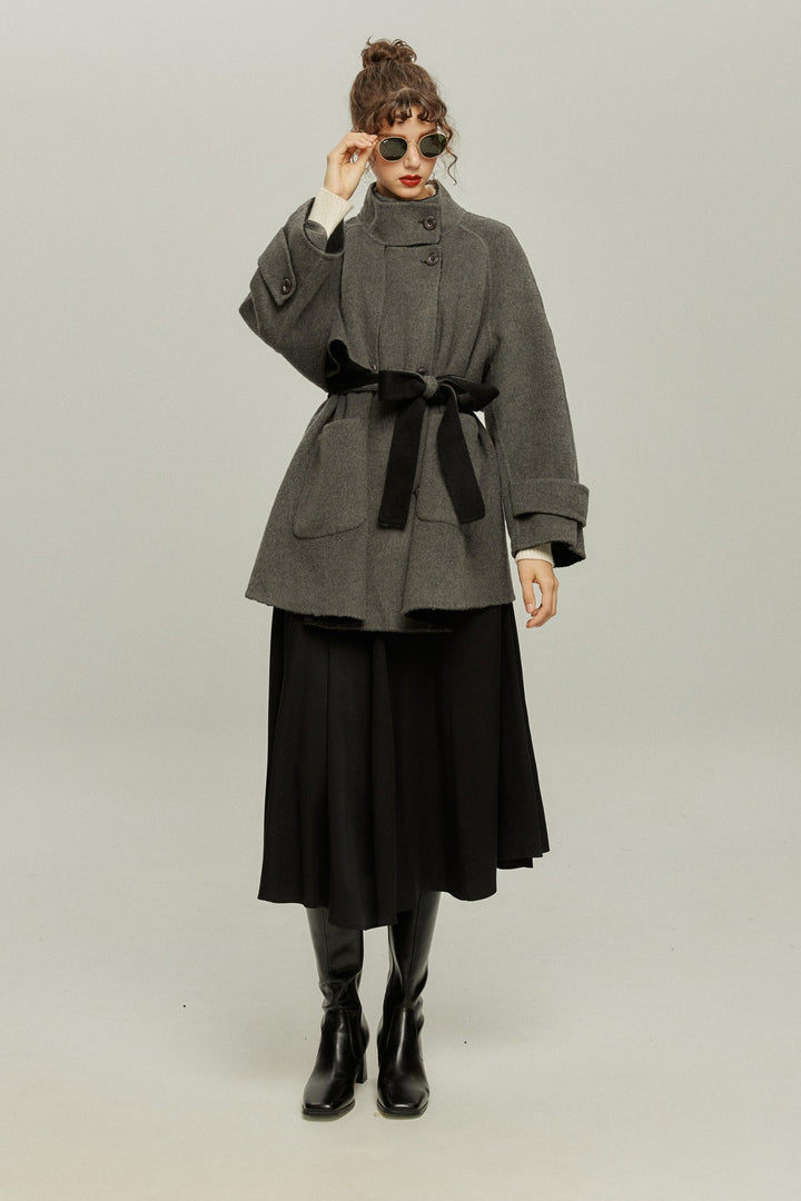 《Are you eating frozen food again? 》2way collar wool blend coat-Gray