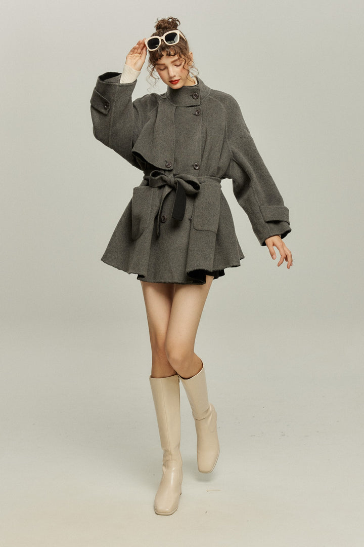 《Are you eating frozen food again? 》2way collar wool blend coat-Gray