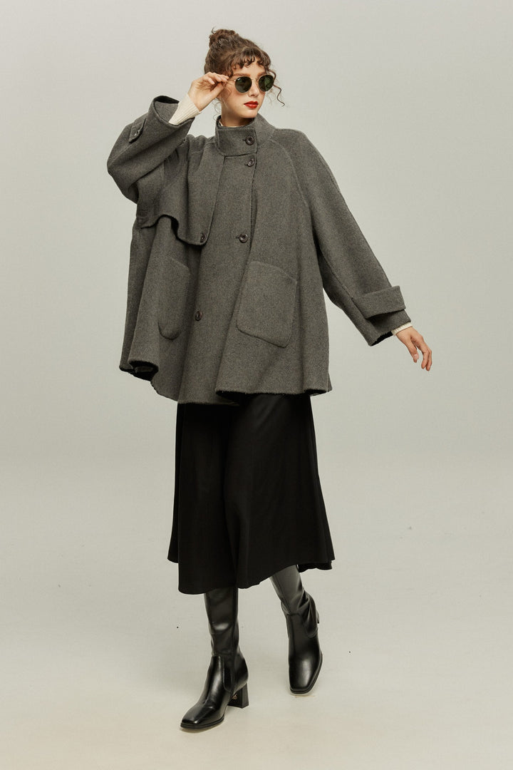 《Are you eating frozen food again? 》2way collar wool blend coat-Gray