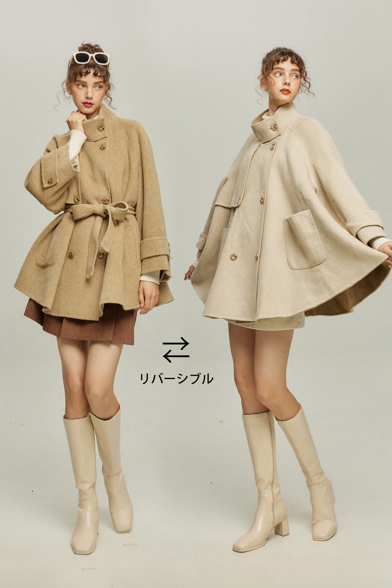《また冷凍食品を食べるの？》襟2wayウールブレンドコート-Beige