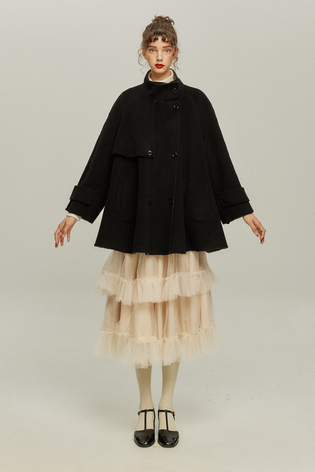 《Are you eating frozen food again? 》2way collar wool blend coat-Gray