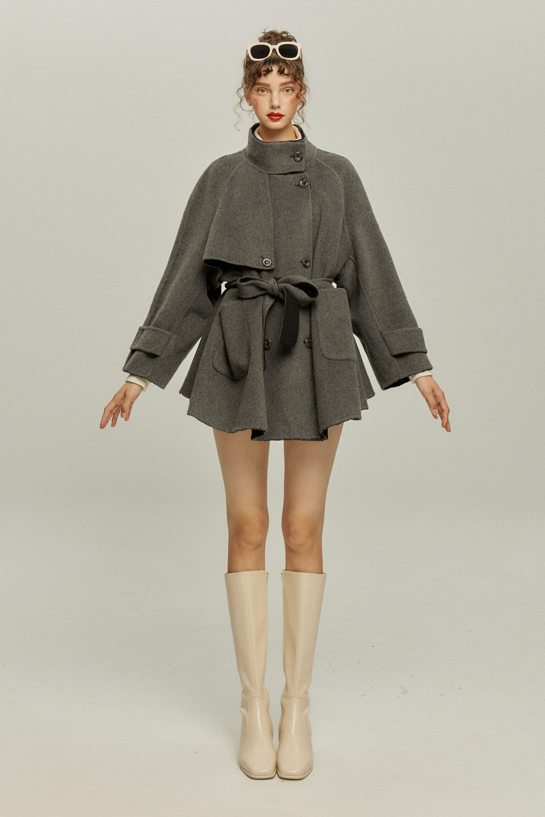 《Are you eating frozen food again? 》2way collar wool blend coat-Gray