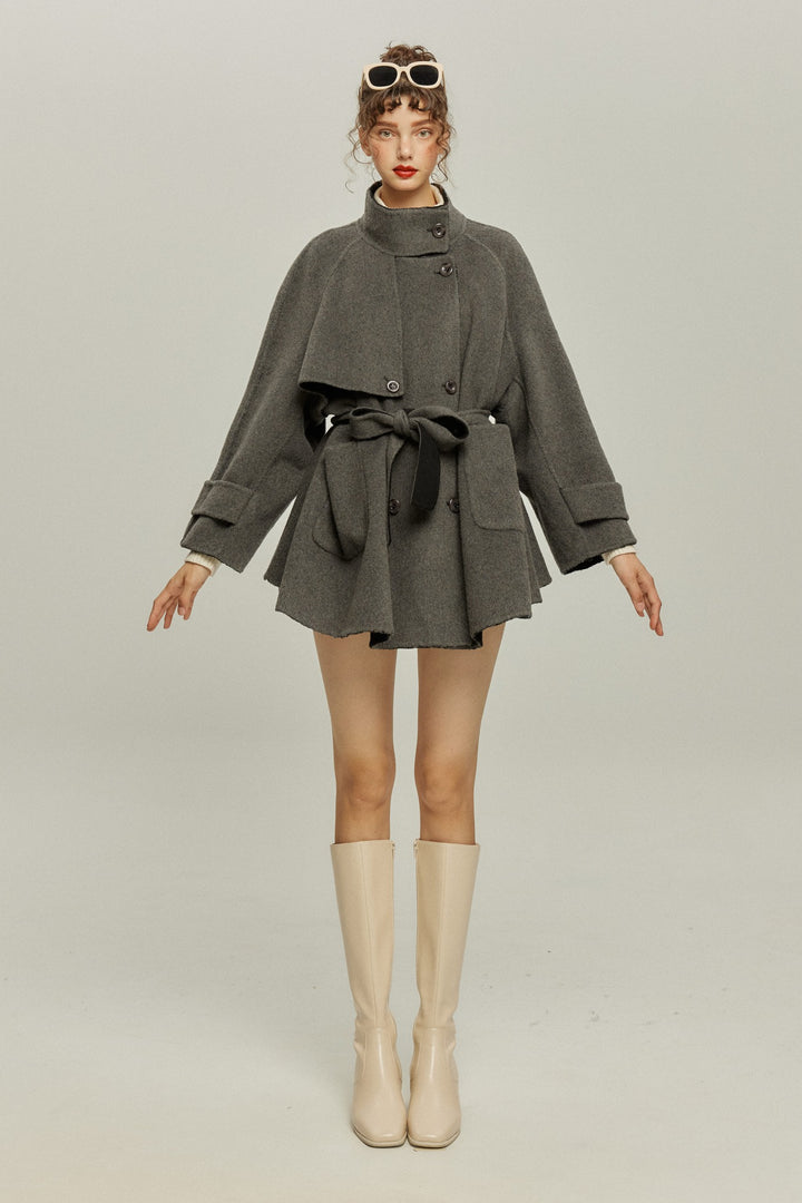 《Are you eating frozen food again? 》2way collar wool blend coat-Gray