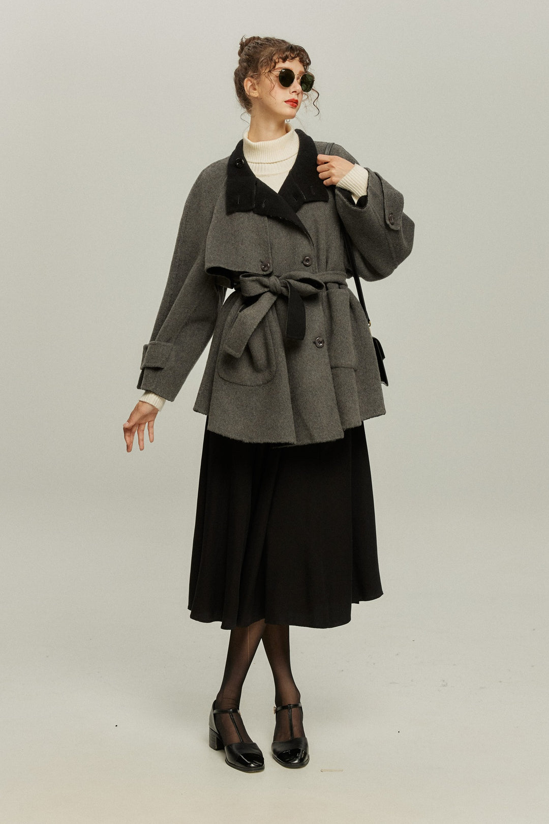 《Are you eating frozen food again? 》2way collar wool blend coat-Gray