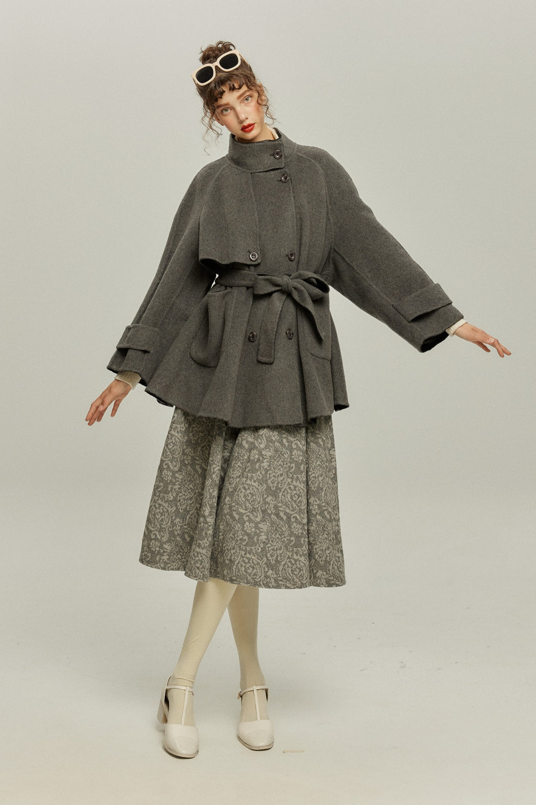 《Are you eating frozen food again? 》2way collar wool blend coat-Gray